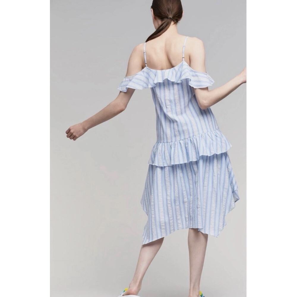 Moon River Anthropologie Blue White Stripe Ruffle Asymmetric Hanky Hem Dress M - Picture 3 of 14